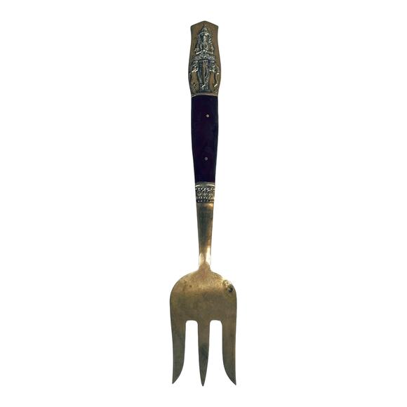 VTG Nickel Bronze Wood Meat SERVING FORK LG 10" Ornate Design Made Thailand - Picture 1 of 6
